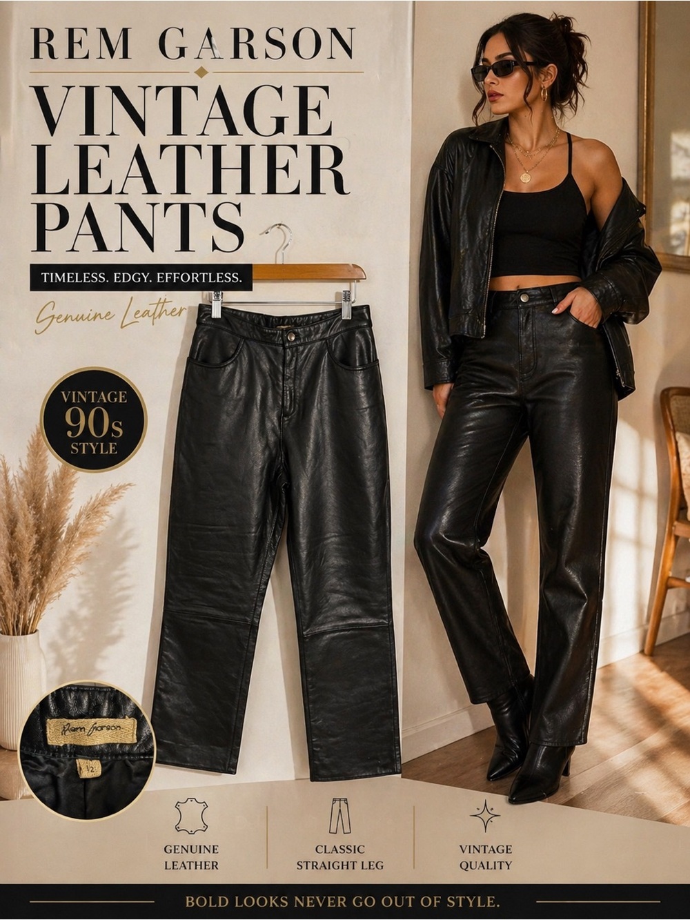 Rem Garson Black Leather Pants Women’s Size 12 Vintage Straight Leg